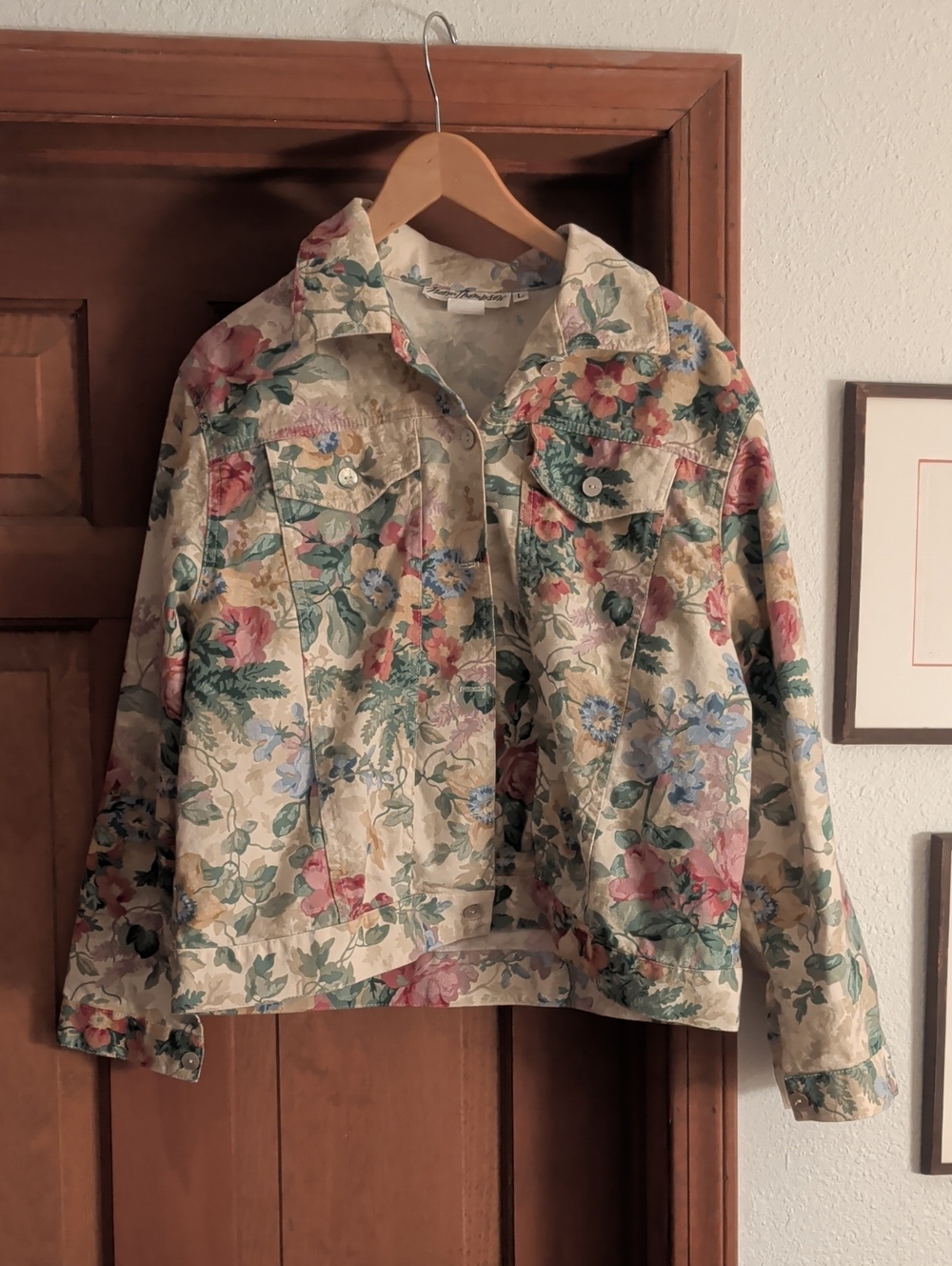 Vintage Norm Thompson Floral Print Jean Jacket in Cream, Pink, Blue, Green